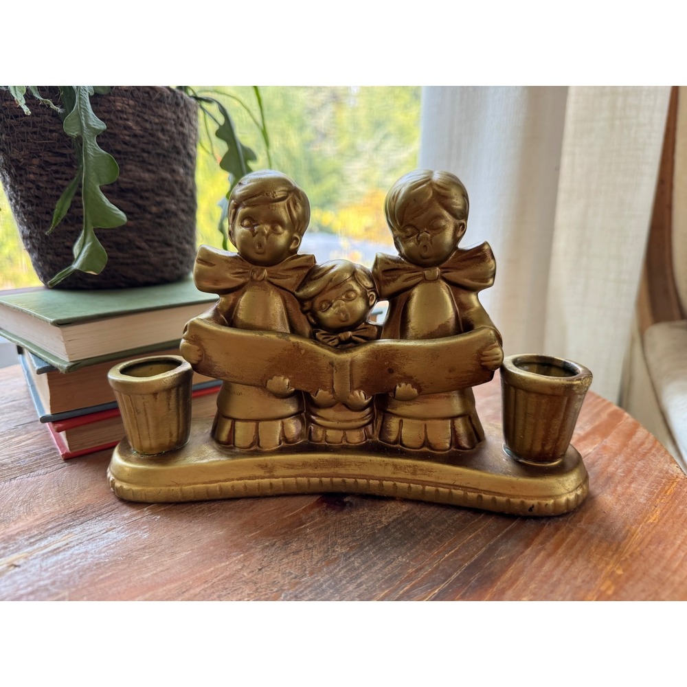 Vintage Gold Plaster Choir Boy Carolers Candle Holder Christmas Holiday